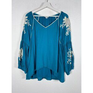 Sundance Womens Naomi Isles Embroidered Top Blouse PS Blue Floral Long Sleeve